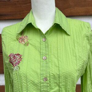 J. JILL Green Crinkle Floral Embroidered Button-up Shirt, Blouse Sz X-Small XS